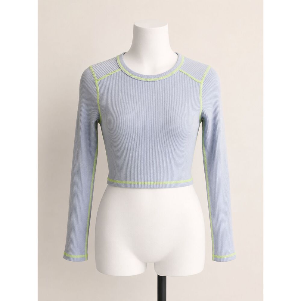 Wild Fable Ribbed Fitted Long Sleeve Top Blue Lime Green Stitching Size Small